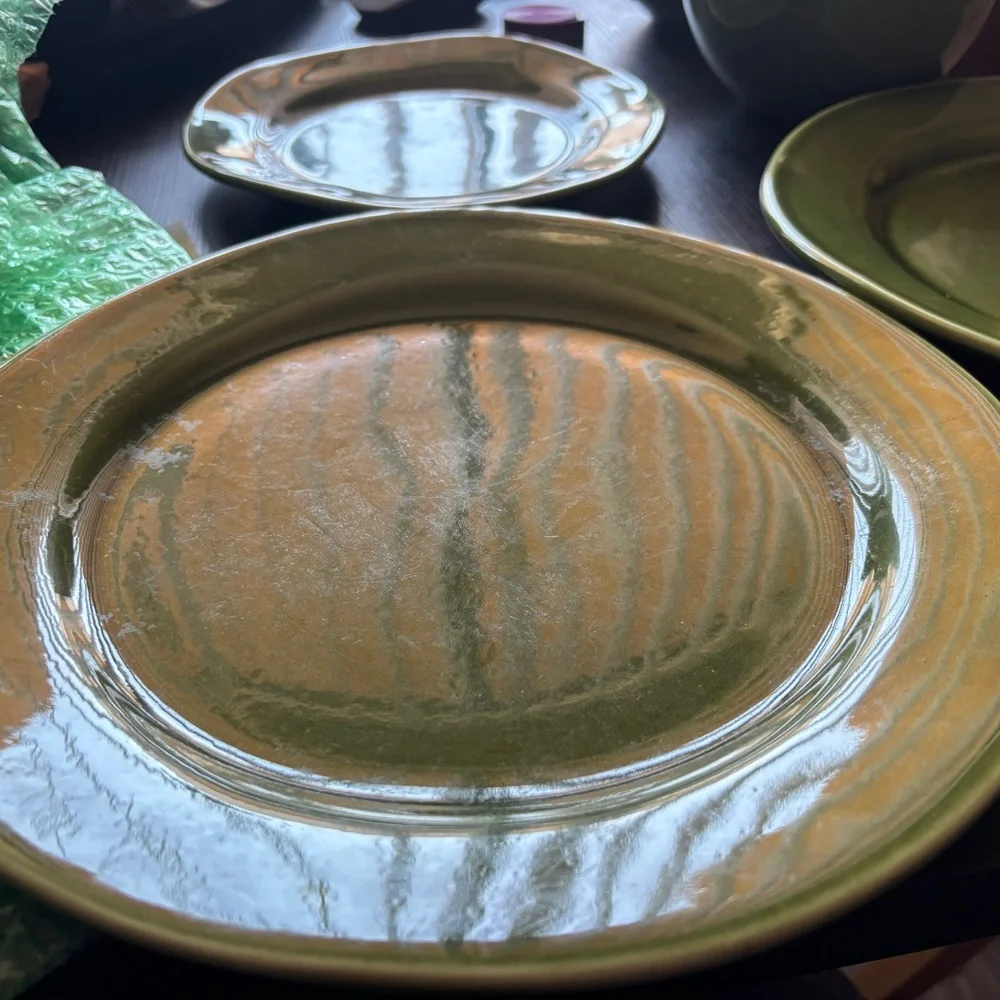 Set of 5 Crate&Barrel Green Wavy Edge Plates Made In Portugal